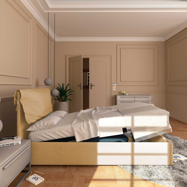 Letto contenitore piazza e mezza in ecopelle sfoderabile beige Baldiflex Licia Soft laterale