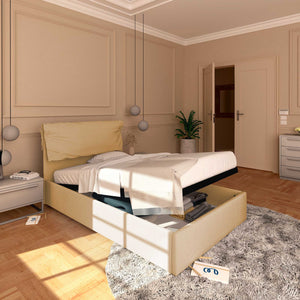 Letto contenitore piazza e mezza in ecopelle sfoderabile beige Baldiflex Licia Soft lato