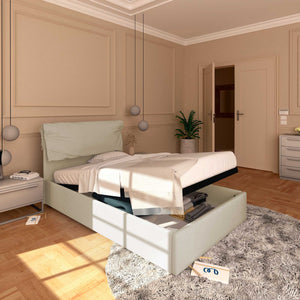 Letto contenitore piazza e mezza in ecopelle sfoderabile beige chiaro Baldiflex Licia Soft lato