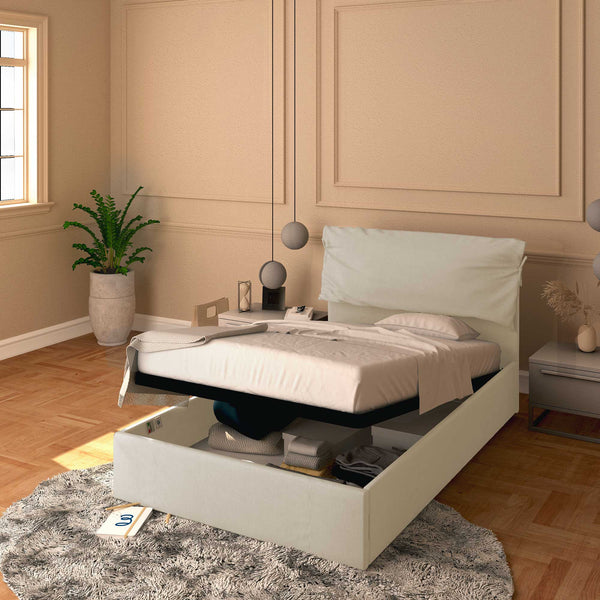 Letto contenitore piazza e mezza in ecopelle sfoderabile beige chiaro Baldiflex Licia Soft 