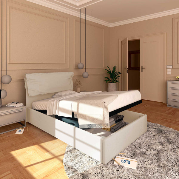 Letto contenitore piazza e mezza in ecopelle sfoderabile bianco Baldiflex Licia Soft lato