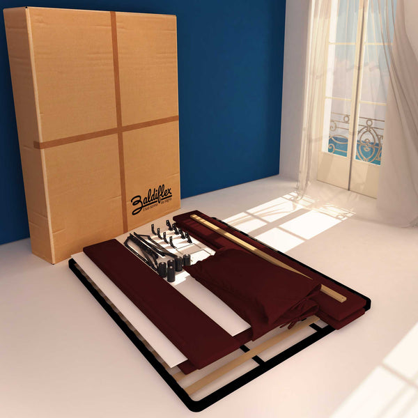 Letto contenitore piazza e mezza in ecopelle sfoderabile bordeaux Baldiflex Licia Soft cartone