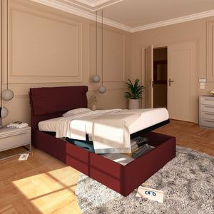 Letto contenitore piazza e mezza in ecopelle sfoderabile bordeaux Baldiflex Licia Soft lato