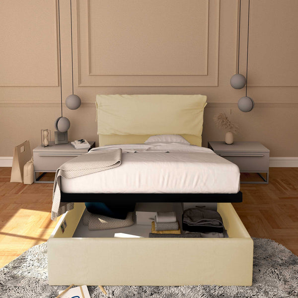Letto contenitore piazza e mezza in ecopelle sfoderabile crema Baldiflex Licia Soft fronte