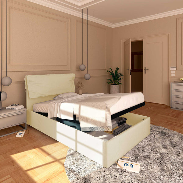 Letto contenitore piazza e mezza in ecopelle sfoderabile crema Baldiflex Licia Soft lato