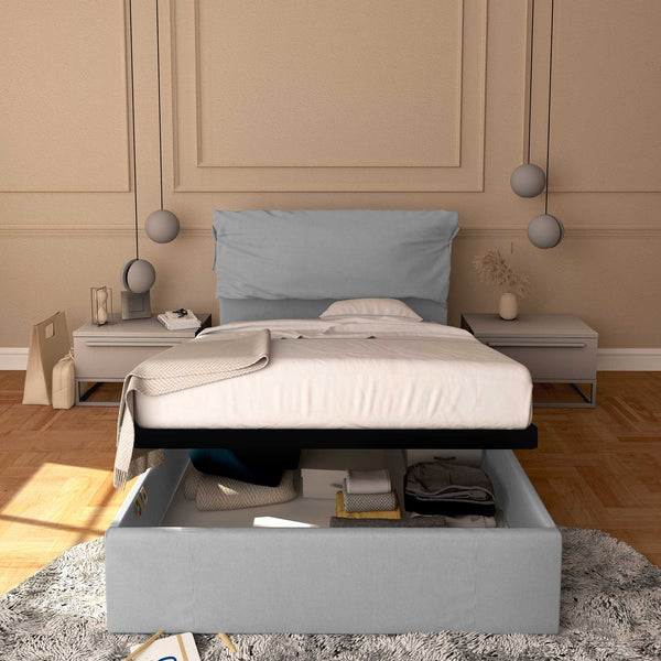 Letto contenitore piazza e mezza in ecopelle sfoderabile grigio chiaro Baldiflex Licia Soft fronte