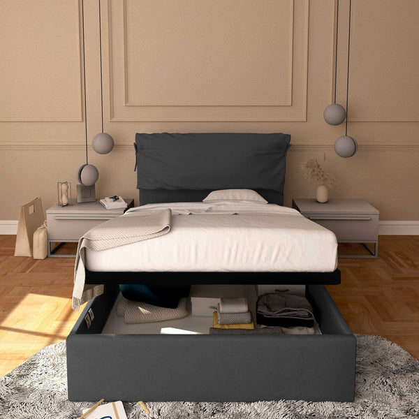 Letto contenitore piazza e mezza in ecopelle sfoderabile grigio scuro Baldiflex Licia Soft fronte