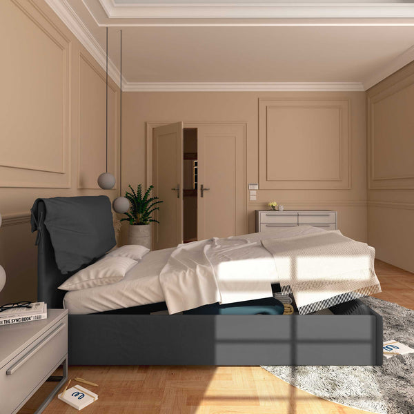 Letto contenitore piazza e mezza in ecopelle sfoderabile grigio scuro Baldiflex Licia Soft laterale