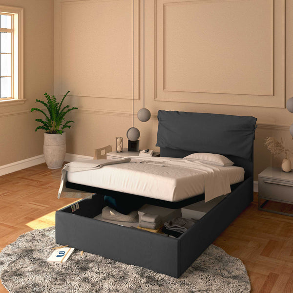 Letto contenitore piazza e mezza in ecopelle sfoderabile grigio scuro Baldiflex Licia Soft 