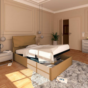 Letto contenitore piazza e mezza in ecopelle sfoderabile marrone chiaro Baldiflex Licia Soft lato