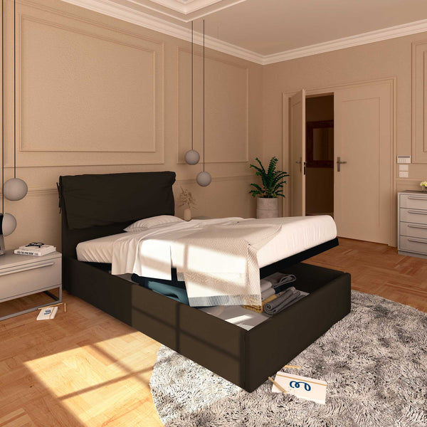 Letto contenitore piazza e mezza in ecopelle sfoderabile marrone scuro Baldiflex Licia Soft lato