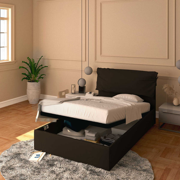 Letto contenitore piazza e mezza in ecopelle sfoderabile marrone scuro Baldiflex Licia Soft
