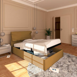 Letto contenitore piazza e mezza in ecopelle sfoderabile nocciola Baldiflex Licia Soft lato