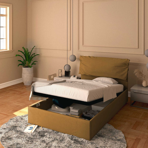 Letto contenitore piazza e mezza in ecopelle sfoderabile nocciola Baldiflex Licia Soft