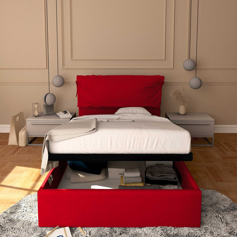Letto contenitore piazza e mezza in ecopelle sfoderabile rosso Baldiflex Licia Soft 