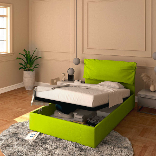 Letto contenitore piazza e mezza in ecopelle sfoderabile verde mela Baldiflex Licia Soft