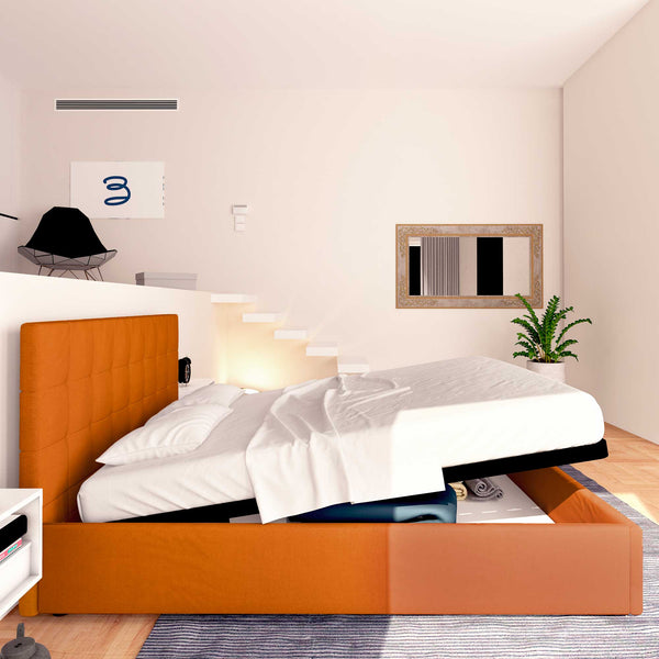 Letto contenitore una piazza e mezza in tessuto arancione Baldiflex Dublino laterale