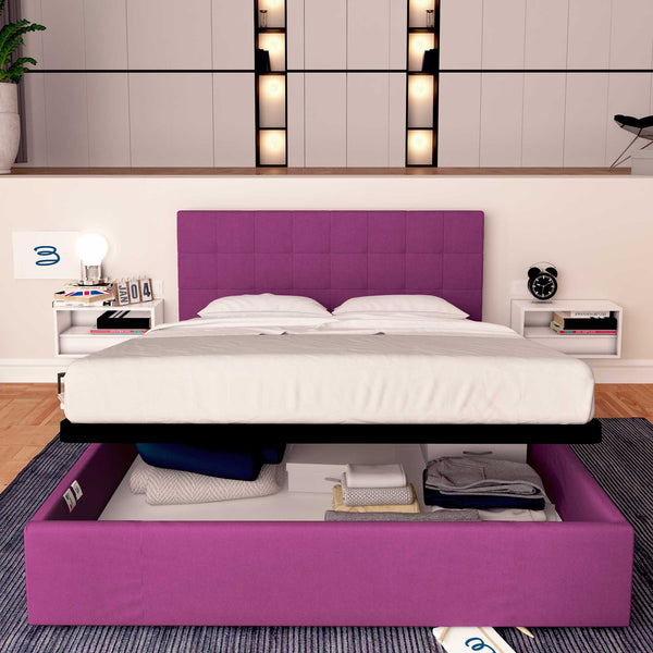 Letto contenitore una piazza e mezza in tessuto fucsia Baldiflex Dublino fronte
