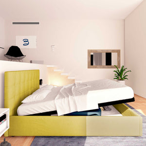 Letto contenitore una piazza e mezza in tessuto giallo senape Baldiflex Dublino laterale