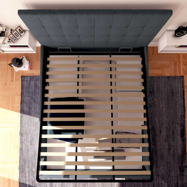 Letto contenitore una piazza e mezza in tessuto grigio antracite Baldiflex Dublino dall'alto