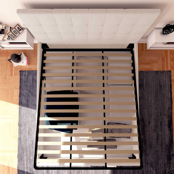 Letto contenitore una piazza e mezza in tessuto grigio chiaro Baldiflex Dublino dall'alto