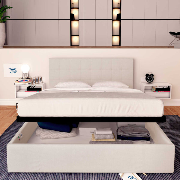 Letto contenitore una piazza e mezza in tessuto grigio chiaro Baldiflex Dublino fronte