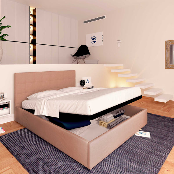 Letto contenitore una piazza e mezza in tessuto rosa antico Baldiflex Dublino lato