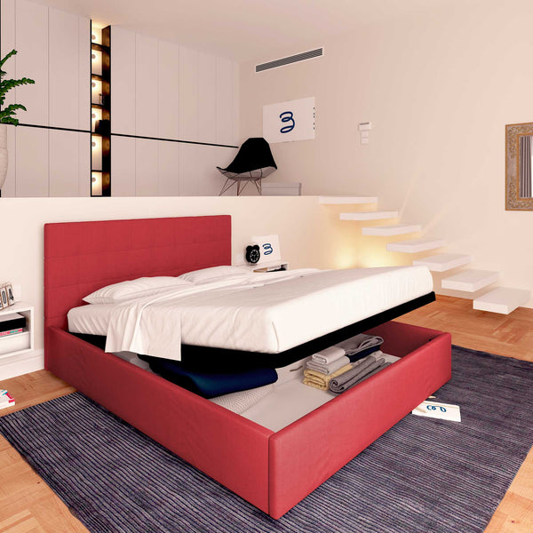 Letto contenitore una piazza e mezza in tessuto rosso Baldiflex Dublino lato