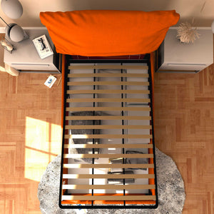 Letto contenitore una piazza e mezza in tessuto sfoderabile arancione Licia Soft Baldiflex dall'alto