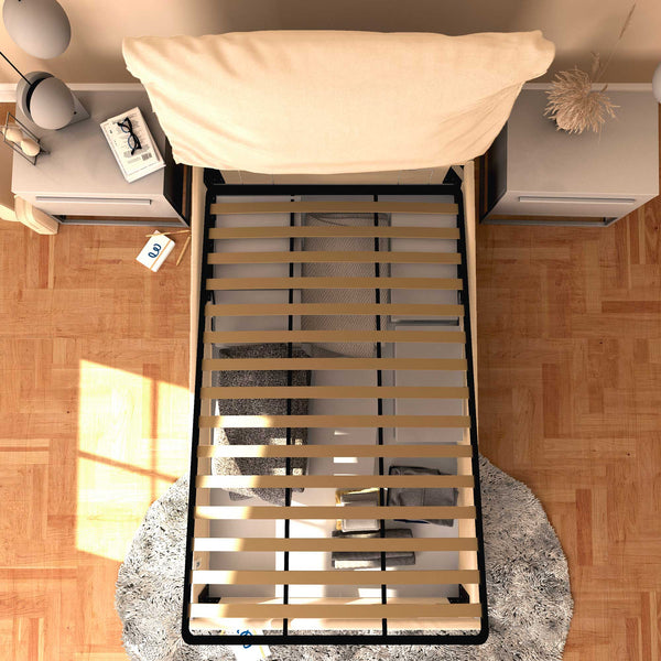 Letto contenitore una piazza e mezza in tessuto sfoderabile beige Licia Soft Baldiflex dall'alto