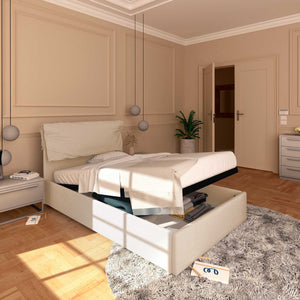 Letto contenitore una piazza e mezza in tessuto sfoderabile beige Licia Soft Baldiflex lato