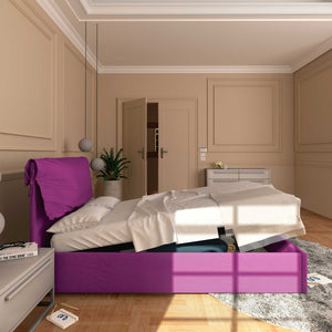 Letto contenitore una piazza e mezza in tessuto sfoderabile fucsia Baldiflex Licia Soft laterale