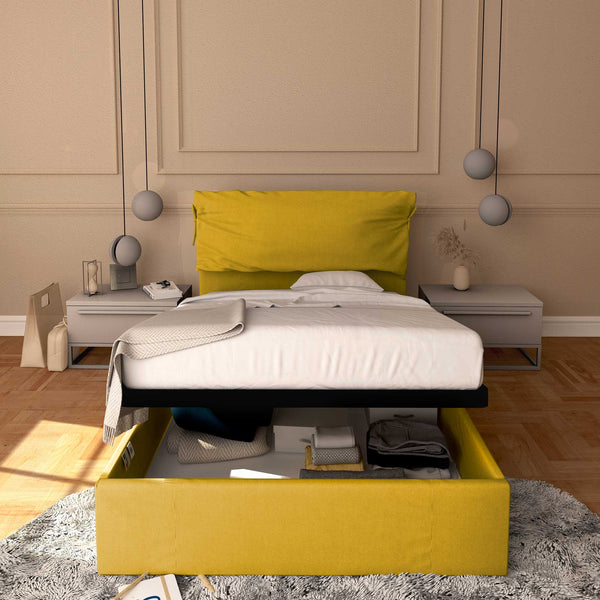 Letto contenitore una piazza e mezza in tessuto sfoderabile giallo senape Baldiflex Licia Soft fronte