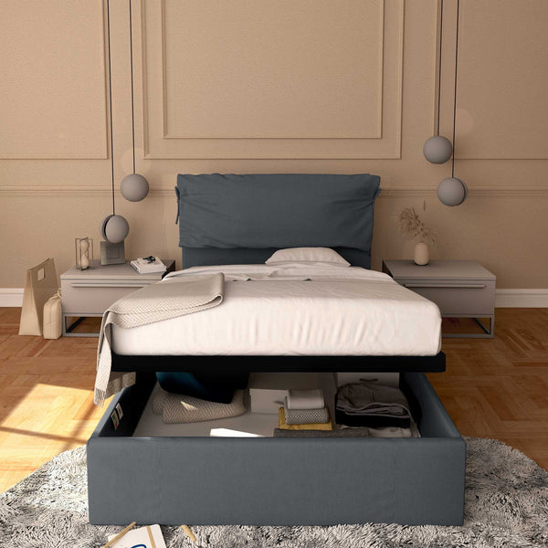 Letto contenitore una piazza e mezza in tessuto sfoderabile grigio antracite Baldiflex Licia Soft fronte