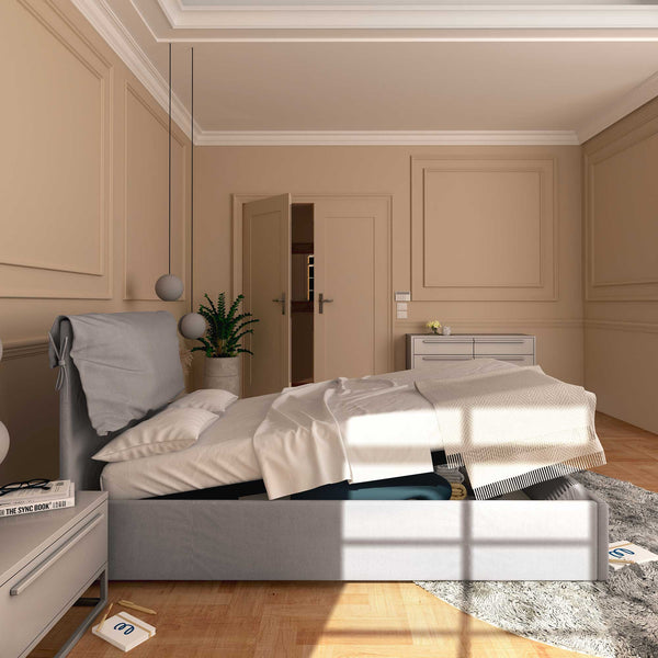 Letto contenitore una piazza e mezza in tessuto sfoderabile grigio Baldiflex Licia Soft laterale