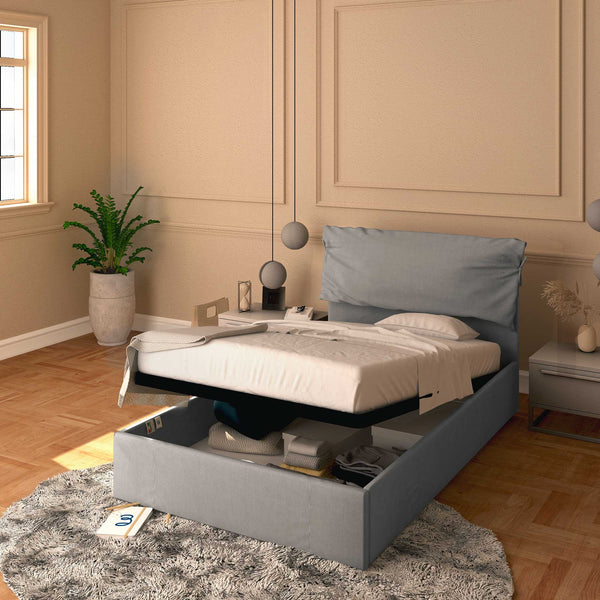 Letto contenitore una piazza e mezza in tessuto sfoderabile grigio Baldiflex Licia Soft 