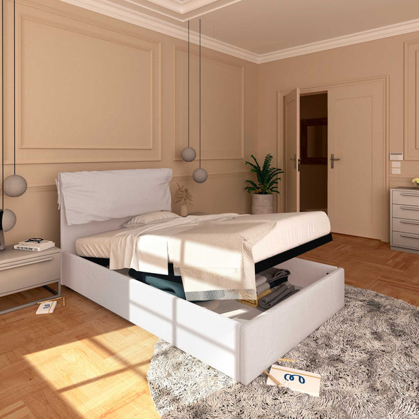 Letto contenitore una piazza e mezza in tessuto sfoderabile grigio chiaro Baldiflex Licia Soft lato