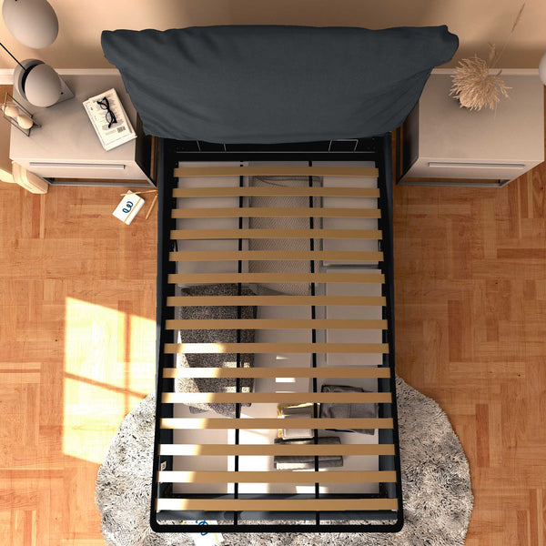 Letto contenitore una piazza e mezza in tessuto sfoderabile grigio grafite Baldiflex Licia Soft dall'alto