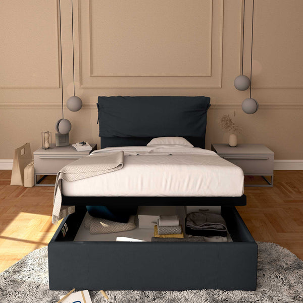 Letto contenitore una piazza e mezza in tessuto sfoderabile grigio grafite Baldiflex Licia Soft fronte