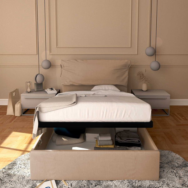 Letto contenitore una piazza e mezza in tessuto sfoderabile grigio talpa Baldiflex Licia Soft fronte
