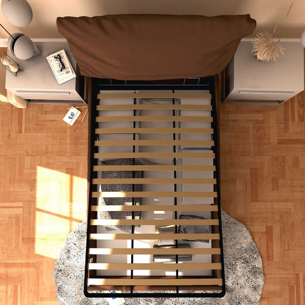 Letto contenitore una piazza e mezza in tessuto sfoderabile marrone Baldiflex Licia Soft dall'alto