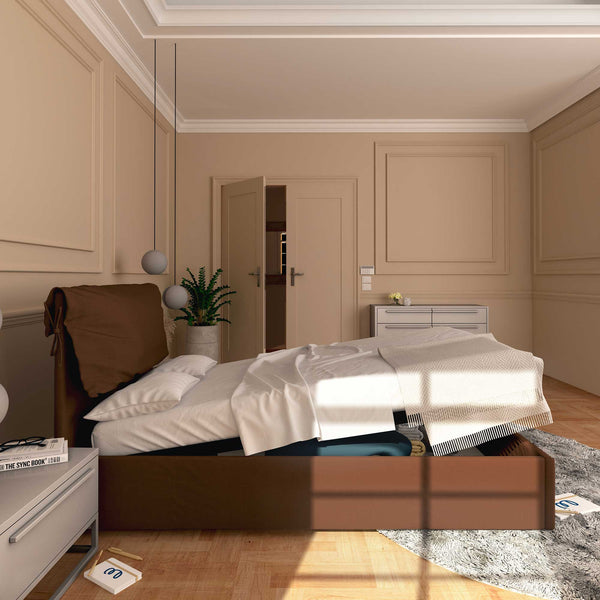 Letto contenitore una piazza e mezza in tessuto sfoderabile marrone Baldiflex Licia Soft laterale