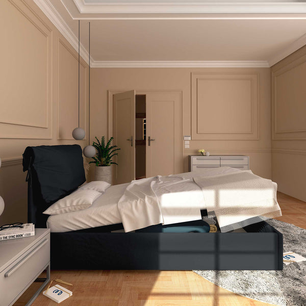 Letto contenitore una piazza e mezza in tessuto sfoderabile nero Baldiflex Licia Soft laterale