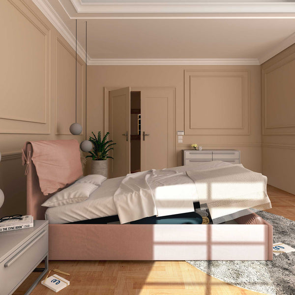 Letto contenitore una piazza e mezza in tessuto sfoderabile rosa antico Baldiflex Licia Soft laterale