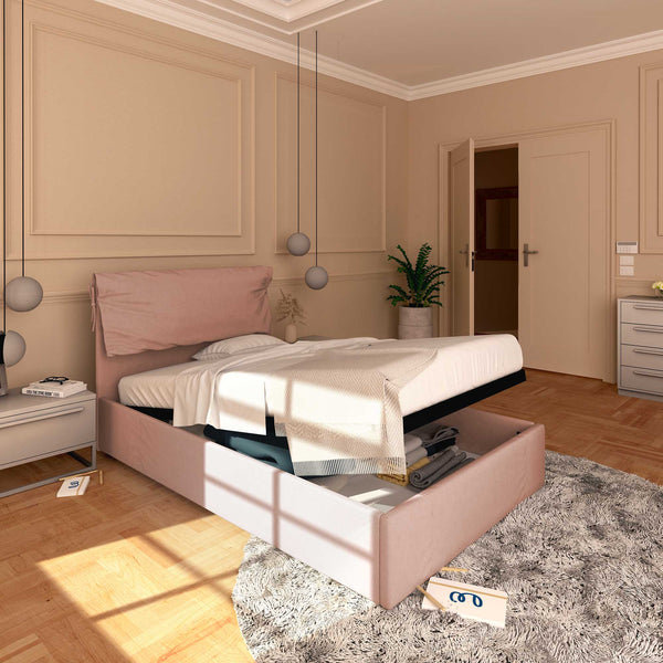 Letto contenitore una piazza e mezza in tessuto sfoderabile rosa antico Baldiflex Licia Soft lato