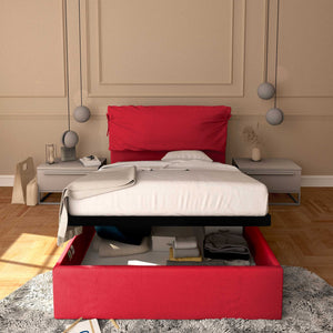 Letto contenitore una piazza e mezza in tessuto sfoderabile rosso Baldiflex Licia Soft fronte