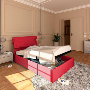 Letto contenitore una piazza e mezza in tessuto sfoderabile rosso Baldiflex Licia Soft lato