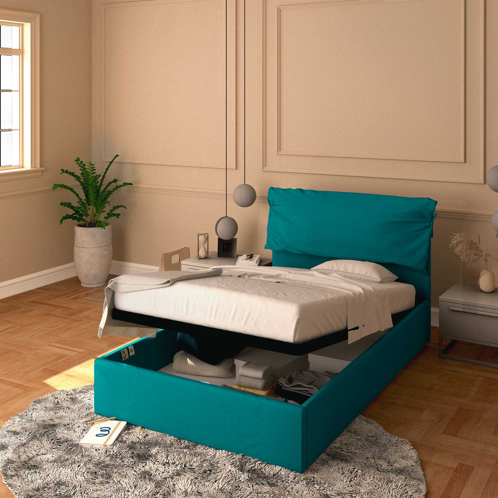 Letto contenitore una piazza e mezza in tessuto sfoderabile turchese Baldiflex Licia Soft 