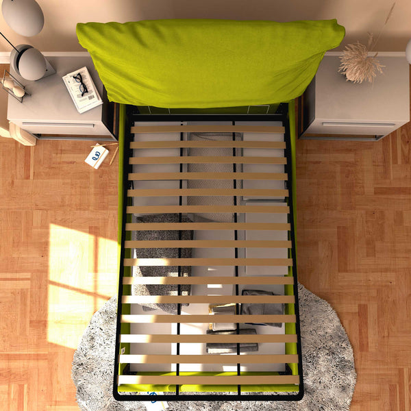 Letto contenitore una piazza e mezza in tessuto sfoderabile verde Baldiflex Licia Soft dall'alto