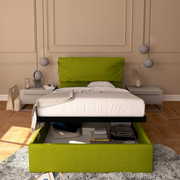 Letto contenitore una piazza e mezza in tessuto sfoderabile verde Baldiflex Licia Soft fronte